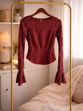 We The Free Burgundy Lace Bell-Sleeve Blouse we the free people